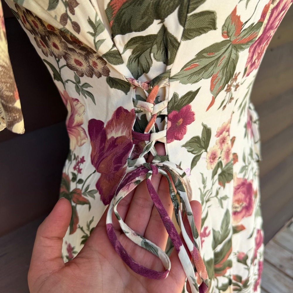 Vtg Paris Sport Club Floral Midi Dress Womens 7/8 Cream Pink 90s Lace Up Waist - Picture 3 of 10